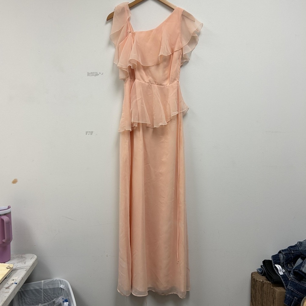 Vintage House Of Bianchi Dress Womens 10 Pink Chiffon Ruffle Belted Maxi Formal